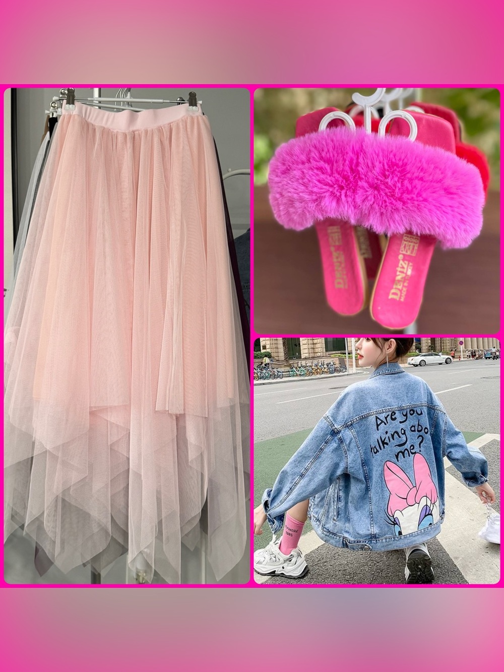 🩷🩷Soft Layered Tulle Skirt+ fluffy sandals + Daisy duck jean jacket 🩷🩷🩷